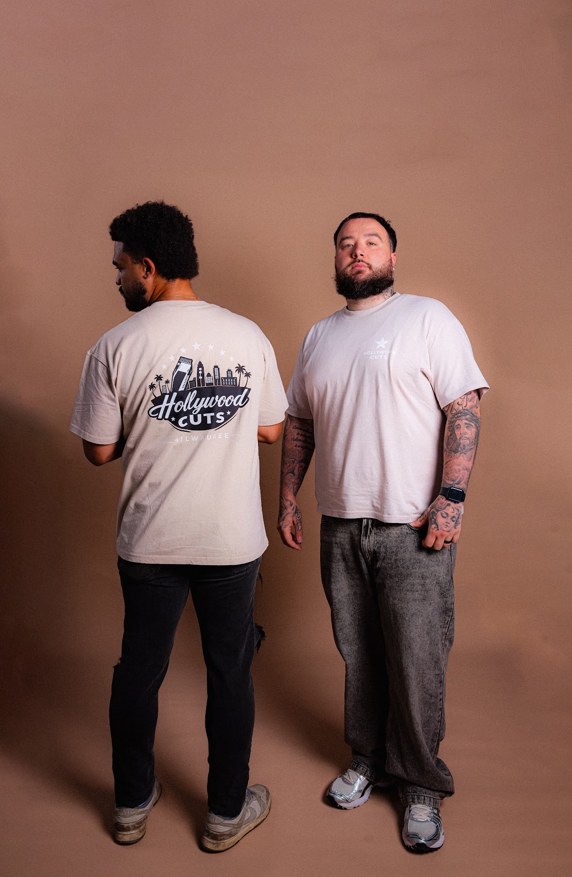 Sand Hollywood Cuts shirt showing the front and back designs